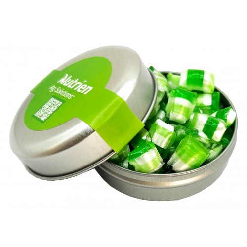 CANDLE TIN FILLED WITH CORPORATE COLOURED TINY HUMBUGS 50G